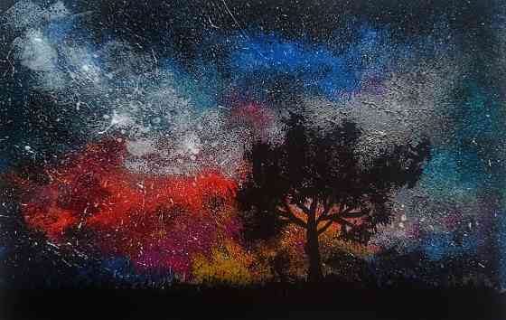Картина ручной работы ночной пейзаж в раме живопись интерьерная Алматы