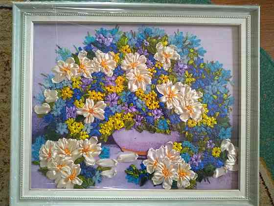 Картина 3d вышивка из лент натюрморт из цветов 45х55 см подарок срочно Алматы