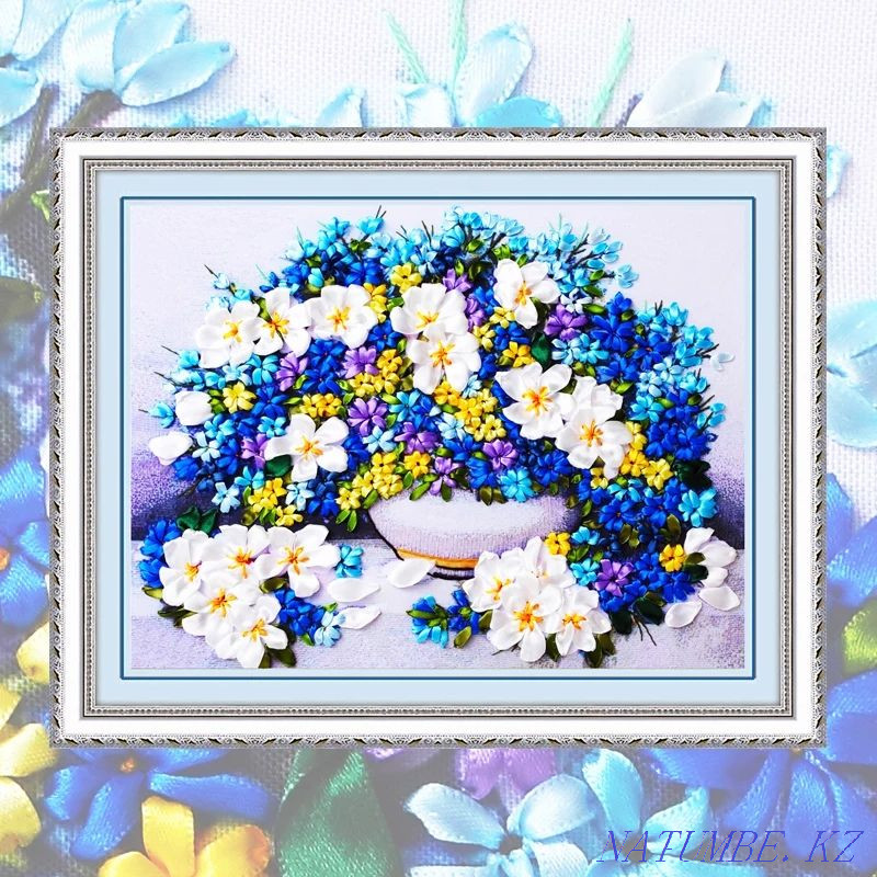 Picture 3d embroidery from ribbons still life of flowers 45x55 cm gift urgently Almaty - photo 1
