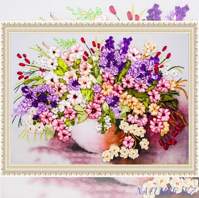Picture 3d embroidery from ribbons still life of flowers 45x55 cm gift urgently Almaty - photo 3