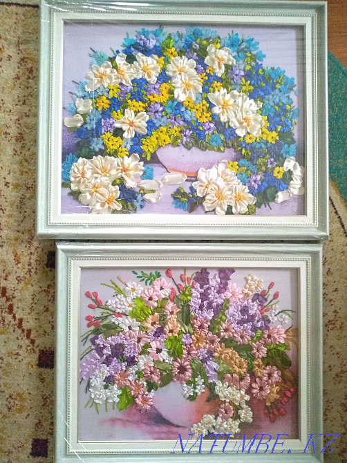 Picture 3d embroidery from ribbons still life of flowers 45x55 cm gift urgently Almaty - photo 4