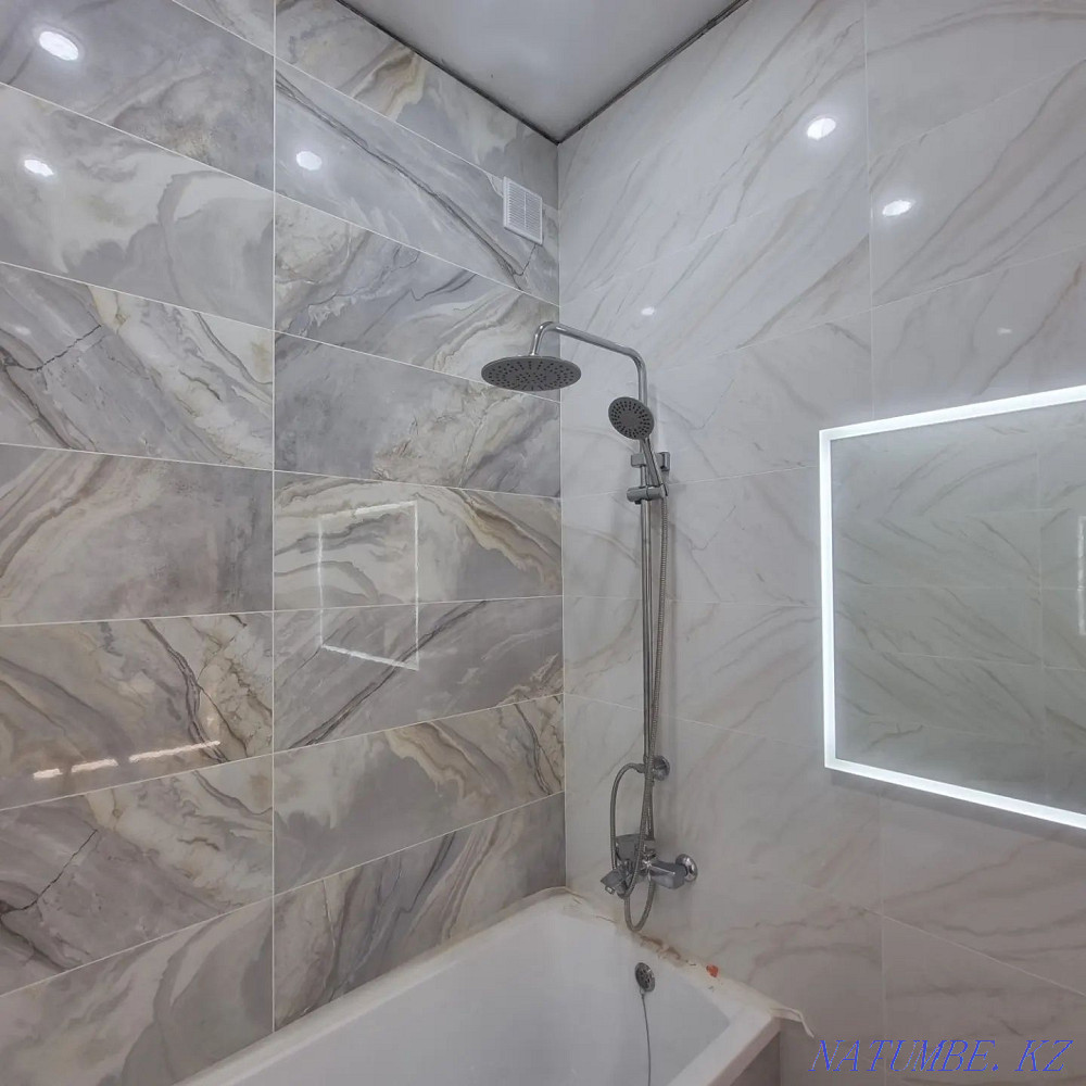 Laying tiles, porcelain tiles, turnkey bathroom, bathroom. Kokshetau - photo 1