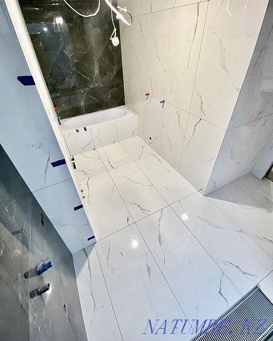 Laying tiles, Tiles, Porcelain tiles, Plumbing, installation of a toilet bowl, shower Almaty - photo 1