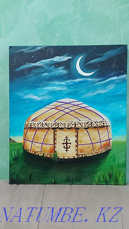 A picture of a crescent above the yurt. Canvas on a stretcher. Acrylic. Landscape. Astana - photo 2