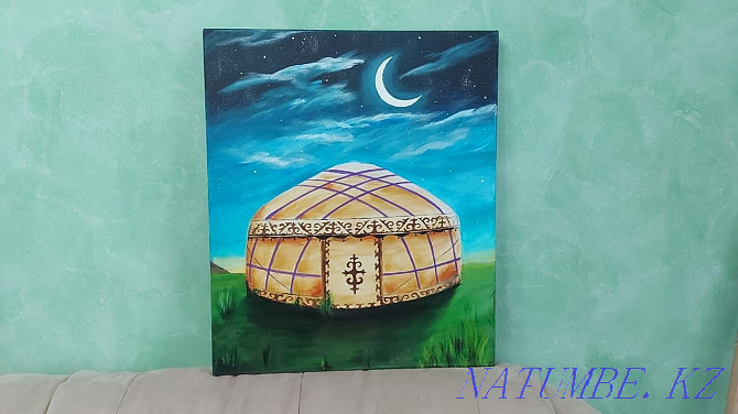 A picture of a crescent above the yurt. Canvas on a stretcher. Acrylic. Landscape. Astana - photo 1