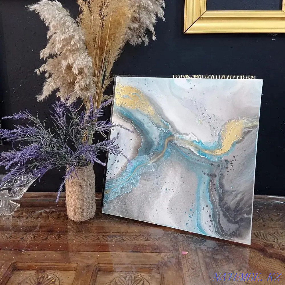 Картина Флюид арт, жидкий акрил, абстракция, золото, холст 40-40см Алматы - изображение 1