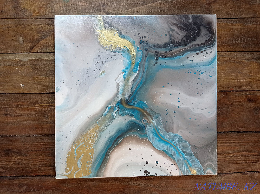 Картина Флюид арт, жидкий акрил, абстракция, золото, холст 40-40см Алматы - изображение 2