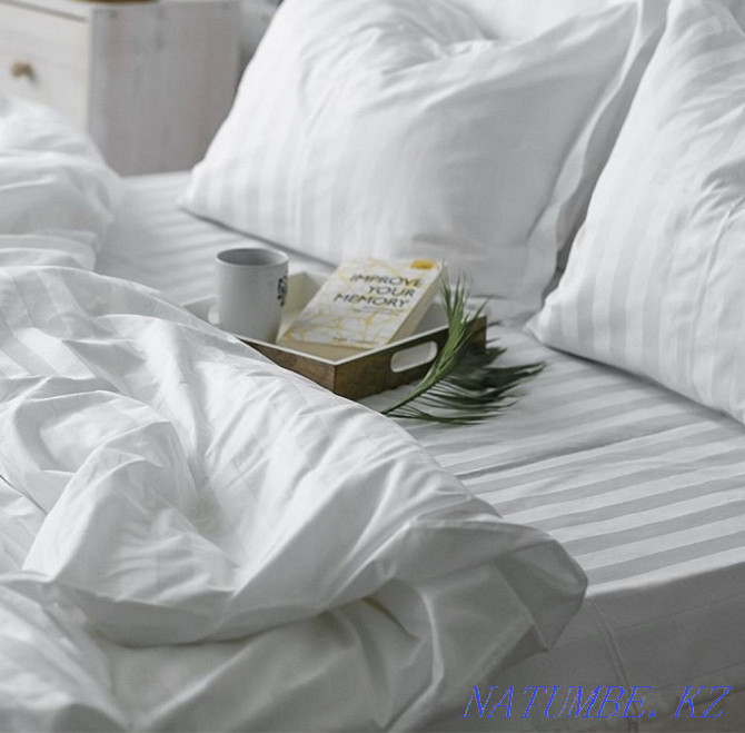 Stripe satin, bedding for hotel hotels. White bed. Astana - photo 1