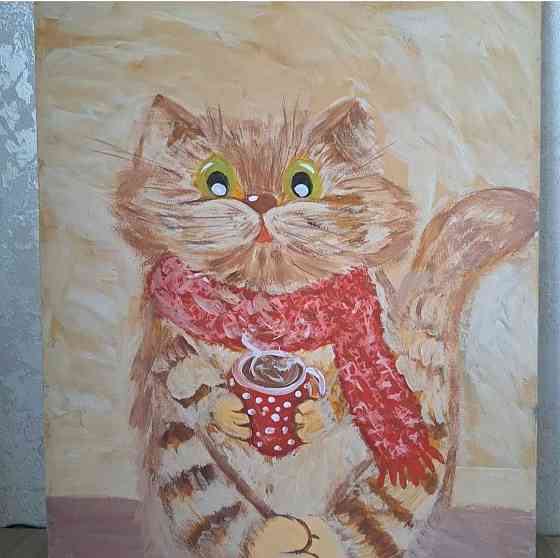 Картина кот и кофе осень на холсте 