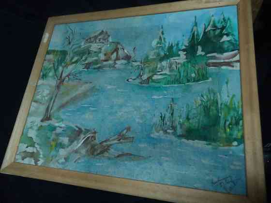 Картина на ткани в стиле батик старинная в деревянной раме 50см на 40 