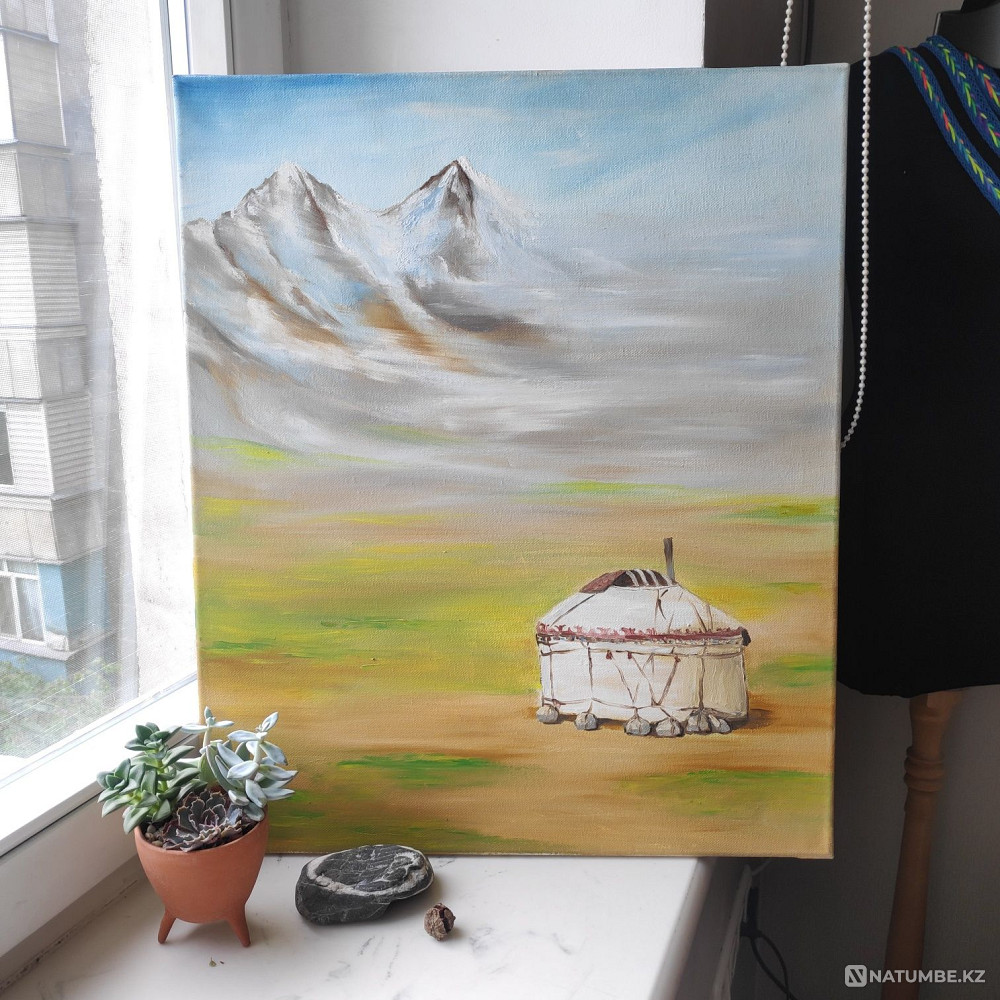 Oil painting. Yurt. Mountains. Steppe.  - photo 1