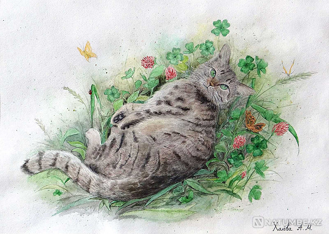 Watercolor painting of a cat  - photo 1