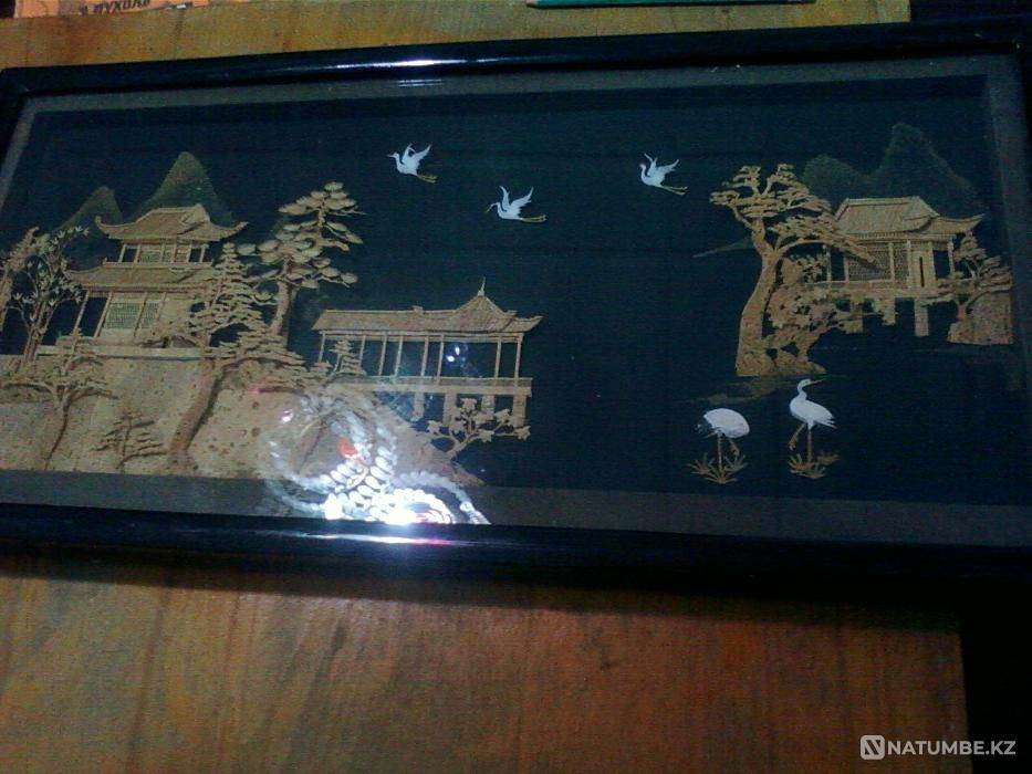 Раритетная 50-х Картина аппликация натур.пробковое дерево перламутр  - изображение 1