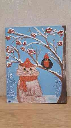 Картина на холсте "Кот и снегирь" 